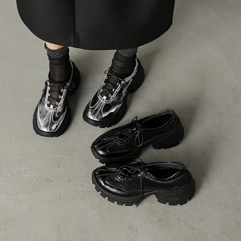 Autumn round-toe platform lace-up cowhide fashion women's shoes, black and silver 8-5L