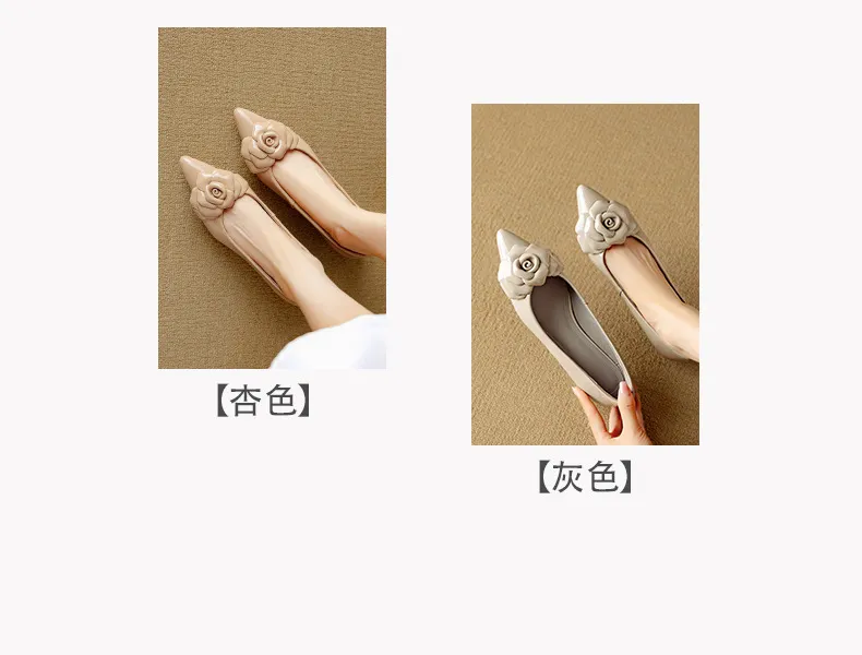 Autumn pointed-toe low-heel camellia sheepskin fashion shoes