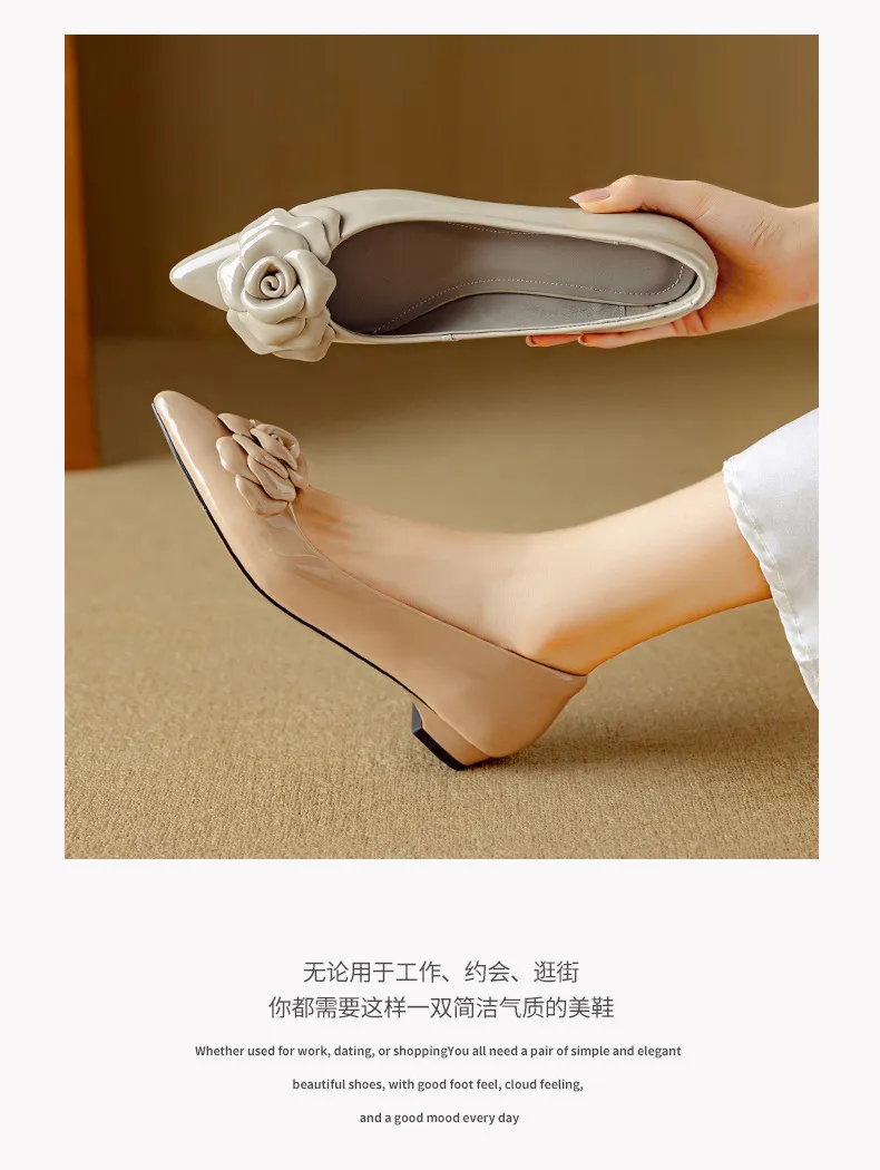 Autumn pointed-toe low-heel camellia sheepskin fashion shoes