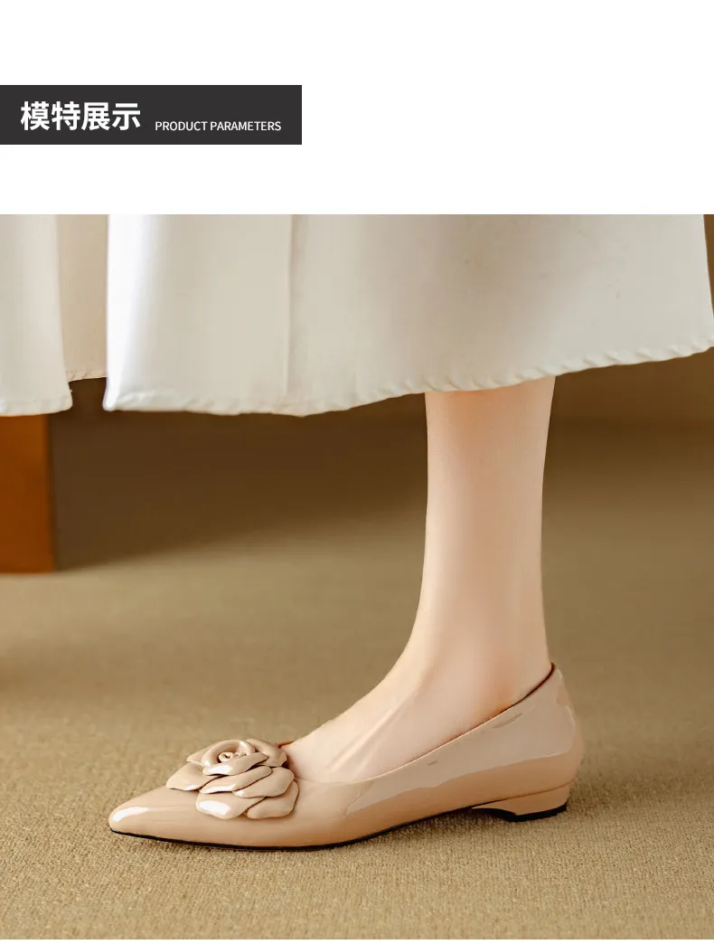 Autumn pointed-toe low-heel camellia sheepskin fashion shoes
