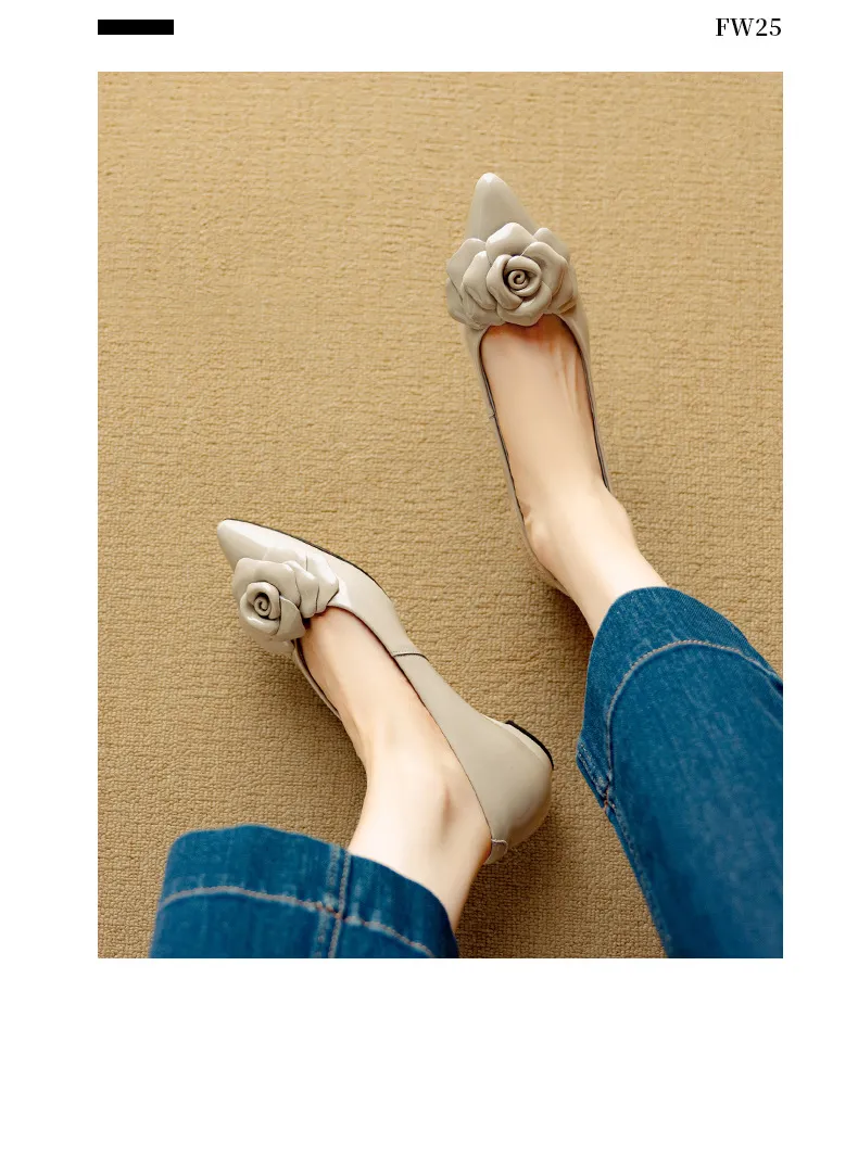 Autumn pointed-toe low-heel camellia sheepskin fashion shoes
