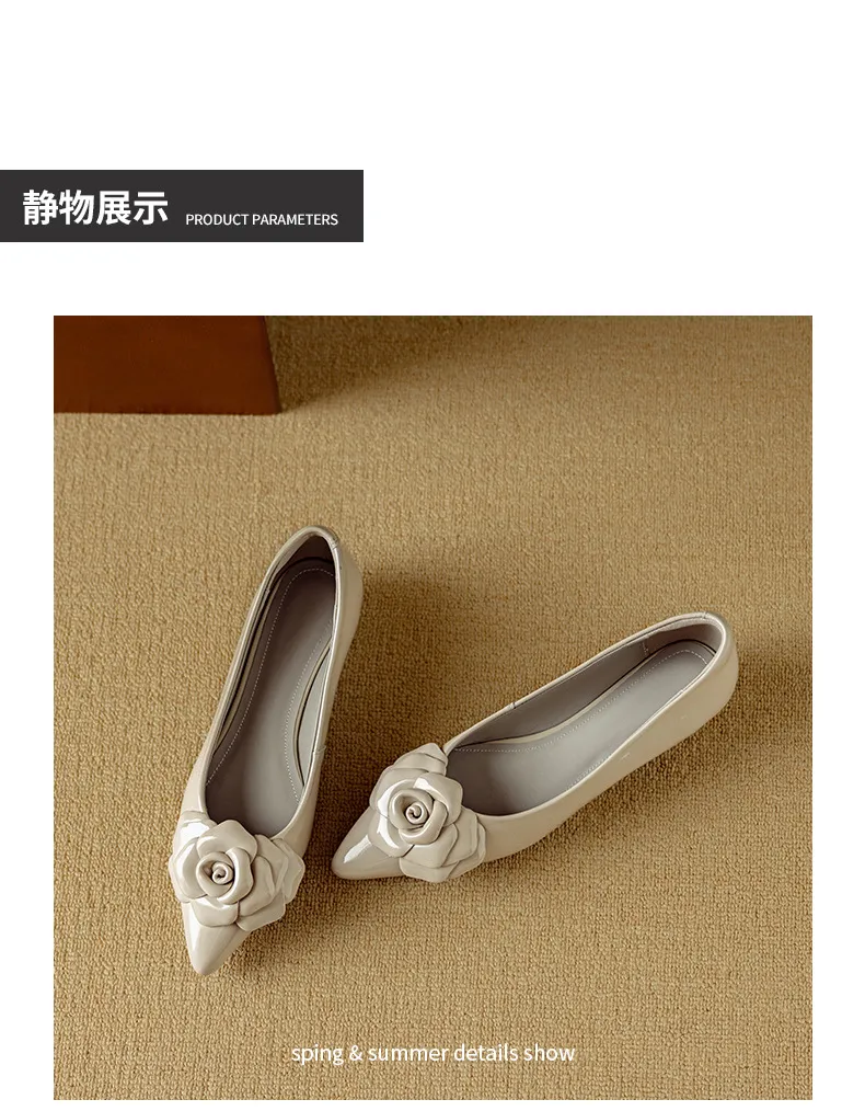 Autumn pointed-toe low-heel camellia sheepskin fashion shoes
