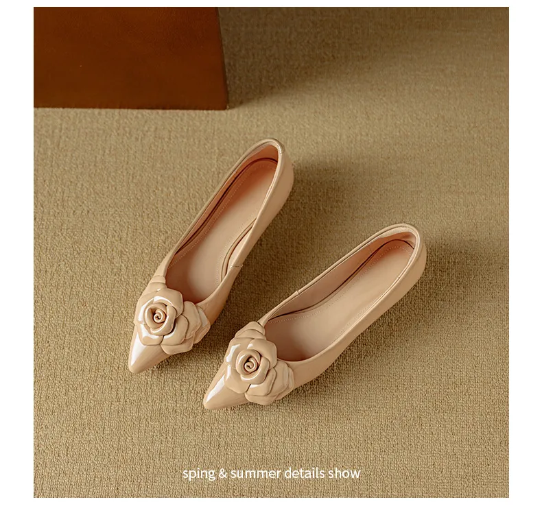 Autumn pointed-toe low-heel camellia sheepskin fashion shoes