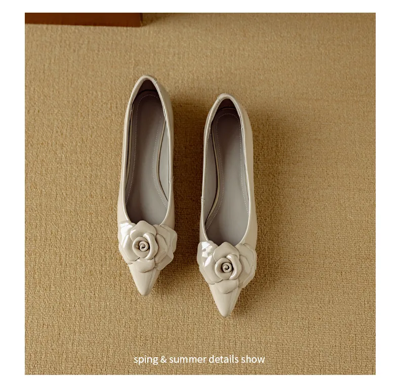 Autumn pointed-toe low-heel camellia sheepskin fashion shoes