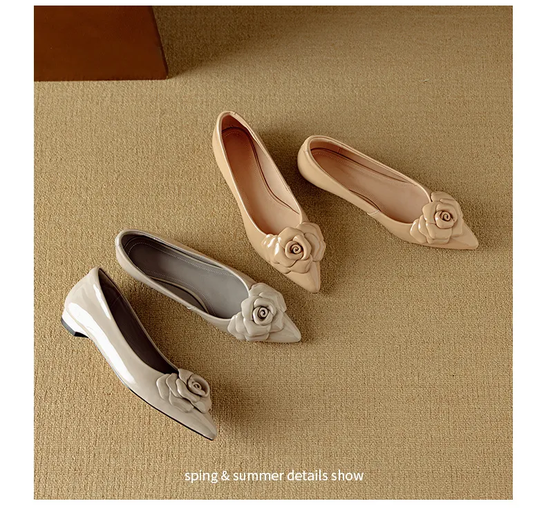 Autumn pointed-toe low-heel camellia sheepskin fashion shoes