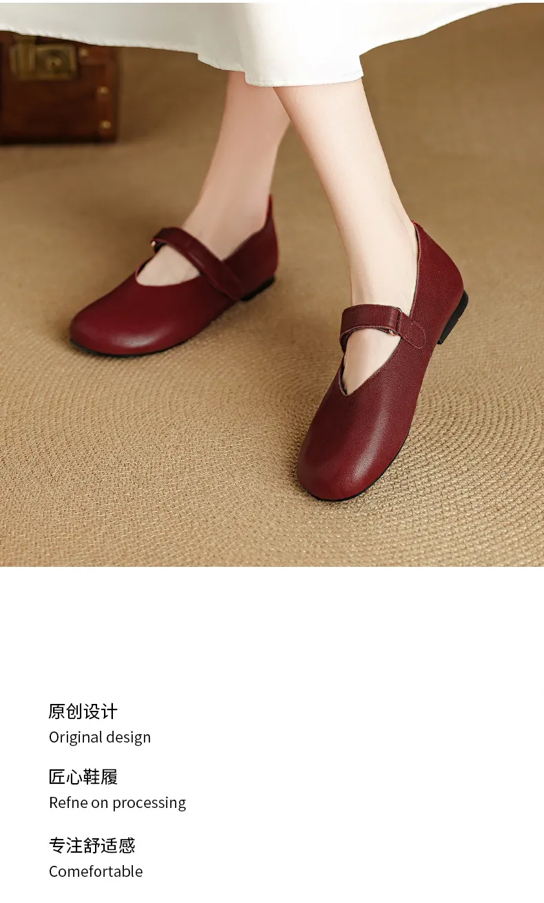 Autumn flat round-toe slip-on shoes, comfortable and soft sheepskin, fashion women's shoes, black, brown, red.