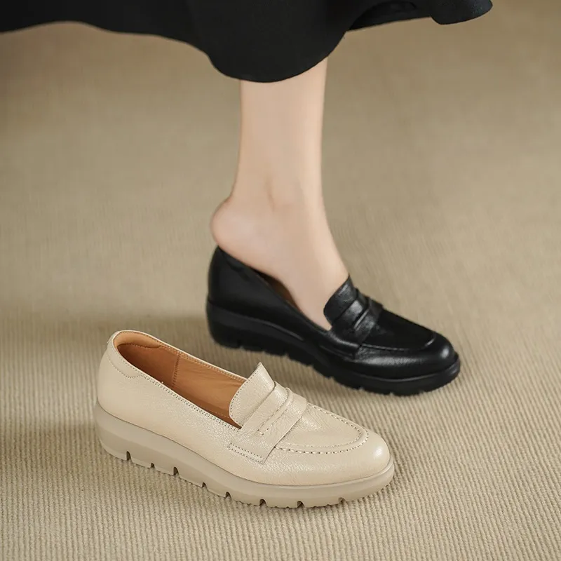 Autumn round-toe slip-on women's shoes with thick soles, wedge heels, and sheepskin leather.