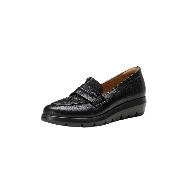 Autumn round-toe slip-on women's shoes with thick soles, wedge heels, and sheepskin leather.