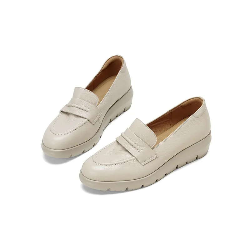 Autumn round-toe slip-on women's shoes with thick soles, wedge heels, and sheepskin leather.