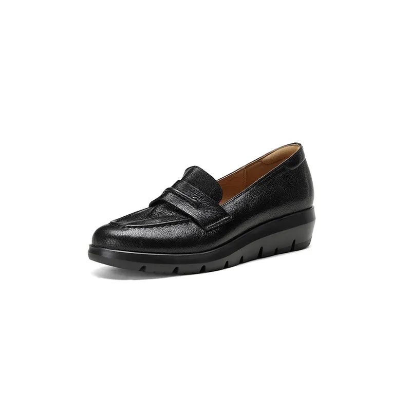 Autumn round-toe slip-on women's shoes with thick soles, wedge heels, and sheepskin leather.