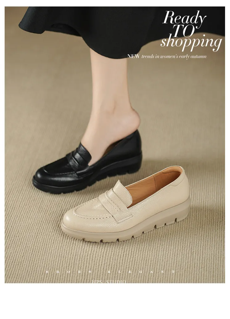 Autumn round-toe slip-on women's shoes with thick soles, wedge heels, and sheepskin leather.