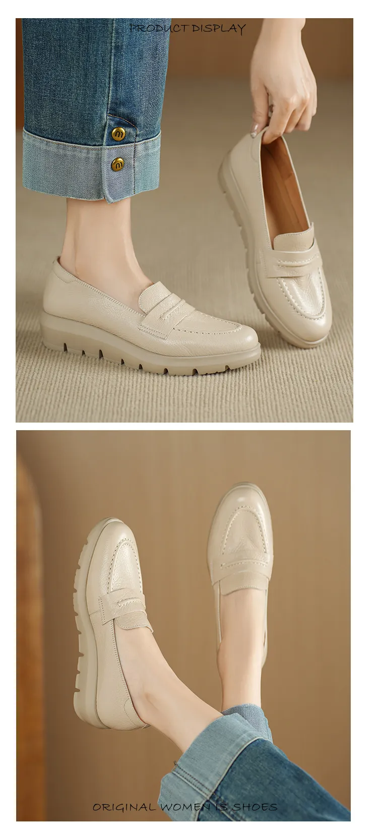 Autumn round-toe slip-on women's shoes with thick soles, wedge heels, and sheepskin leather.