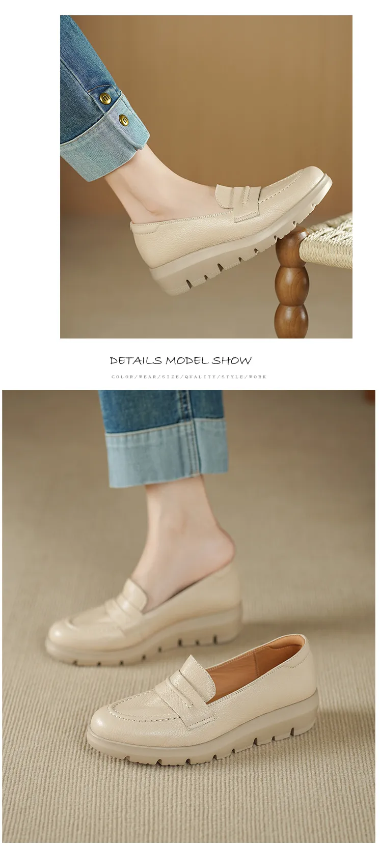 Autumn round-toe slip-on women's shoes with thick soles, wedge heels, and sheepskin leather.
