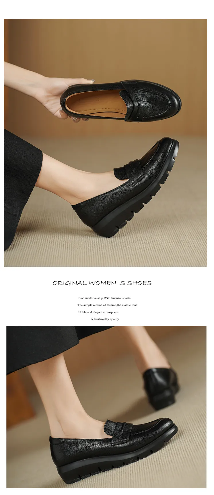 Autumn round-toe slip-on women's shoes with thick soles, wedge heels, and sheepskin leather.