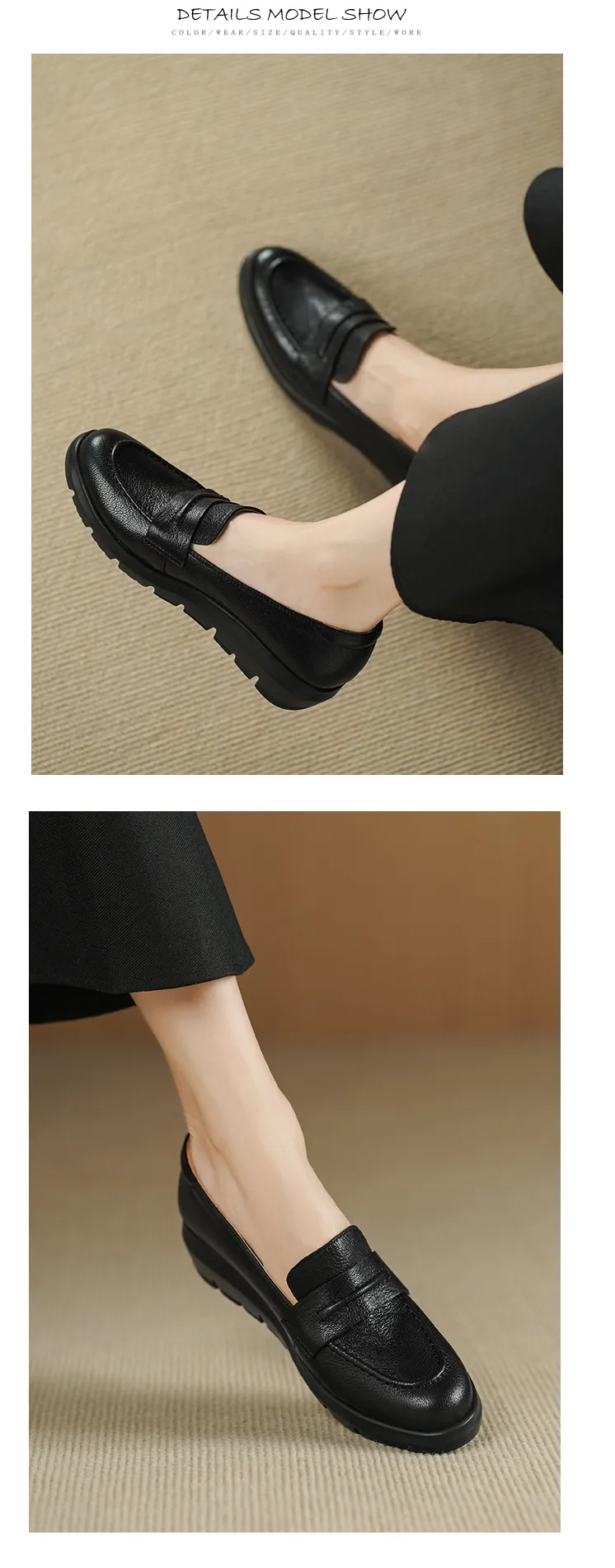 Autumn round-toe slip-on women's shoes with thick soles, wedge heels, and sheepskin leather.