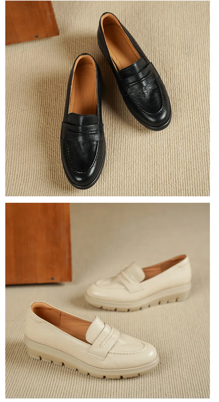 Autumn round-toe slip-on women's shoes with thick soles, wedge heels, and sheepskin leather.