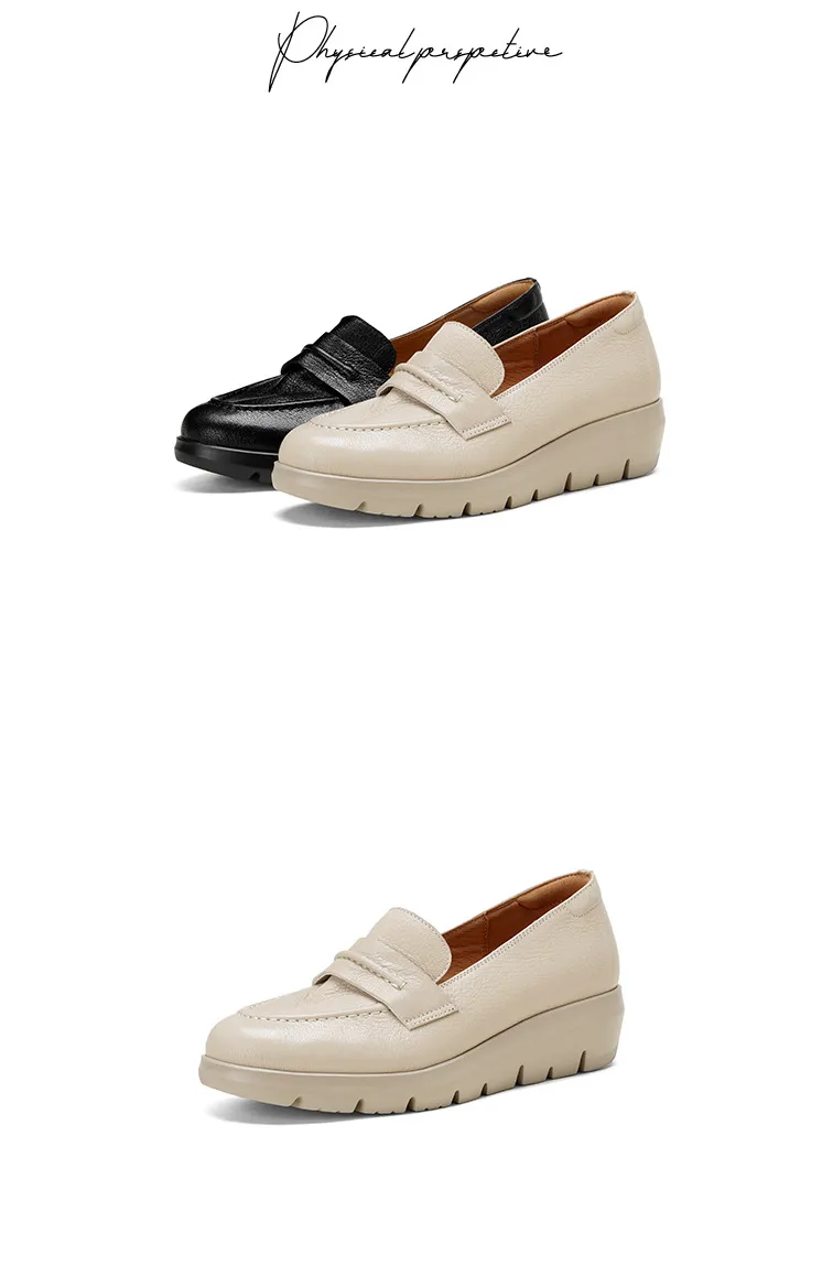 Autumn round-toe slip-on women's shoes with thick soles, wedge heels, and sheepskin leather.