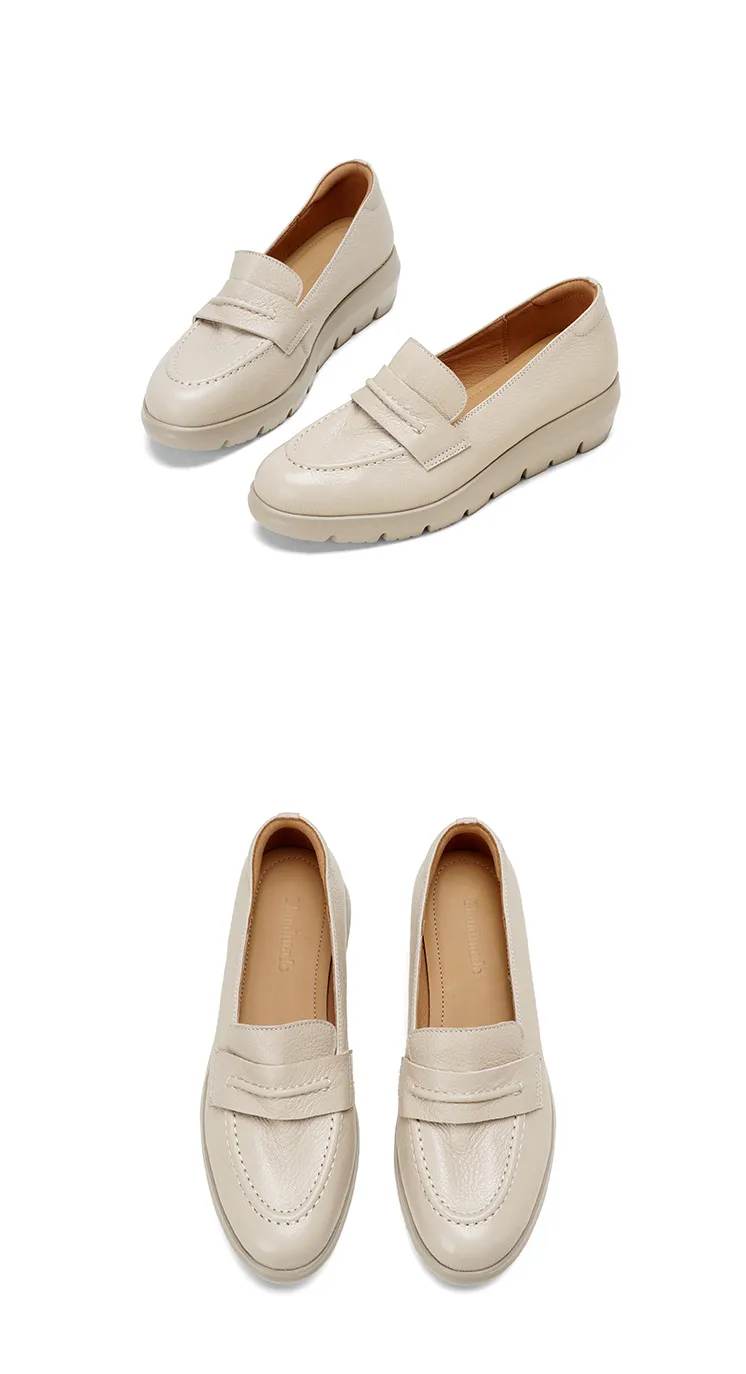 Autumn round-toe slip-on women's shoes with thick soles, wedge heels, and sheepskin leather.