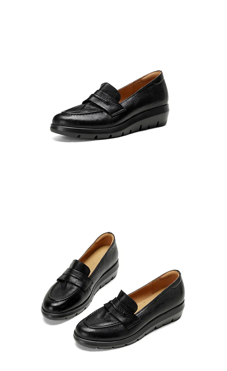 Autumn round-toe slip-on women's shoes with thick soles, wedge heels, and sheepskin leather.