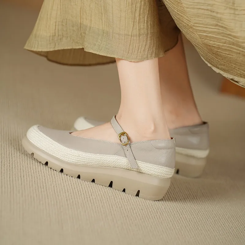 Autumn Thick-Soled Low-Cut Sheepskin Buckle Comfortable Color-Blocked Women's Shoes