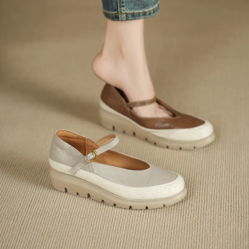 Autumn Thick-Soled Low-Cut Sheepskin Buckle Comfortable Color-Blocked Women's Shoes