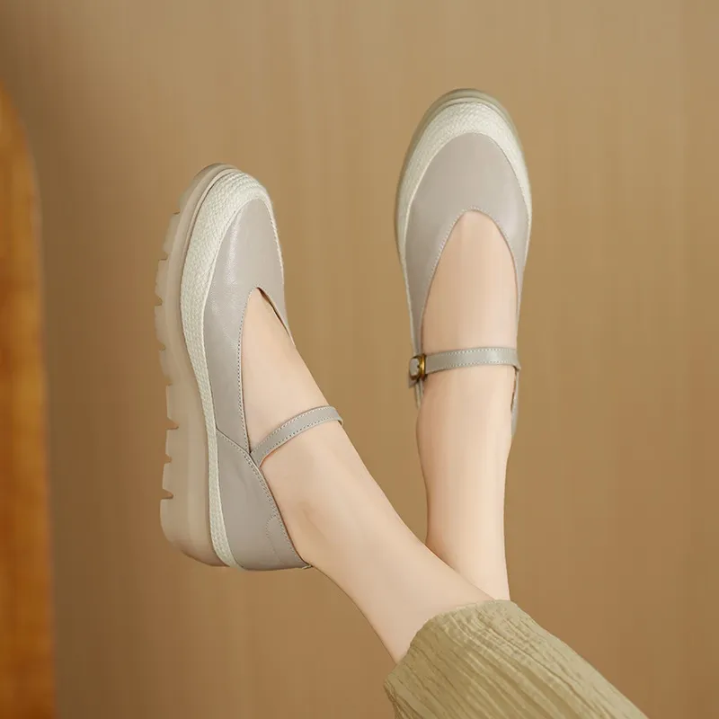 Autumn Thick-Soled Low-Cut Sheepskin Buckle Comfortable Color-Blocked Women's Shoes