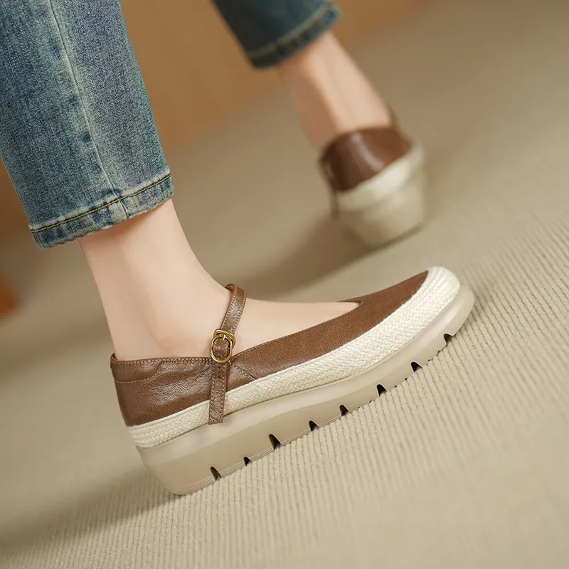 Autumn Thick-Soled Low-Cut Sheepskin Buckle Comfortable Color-Blocked Women's Shoes