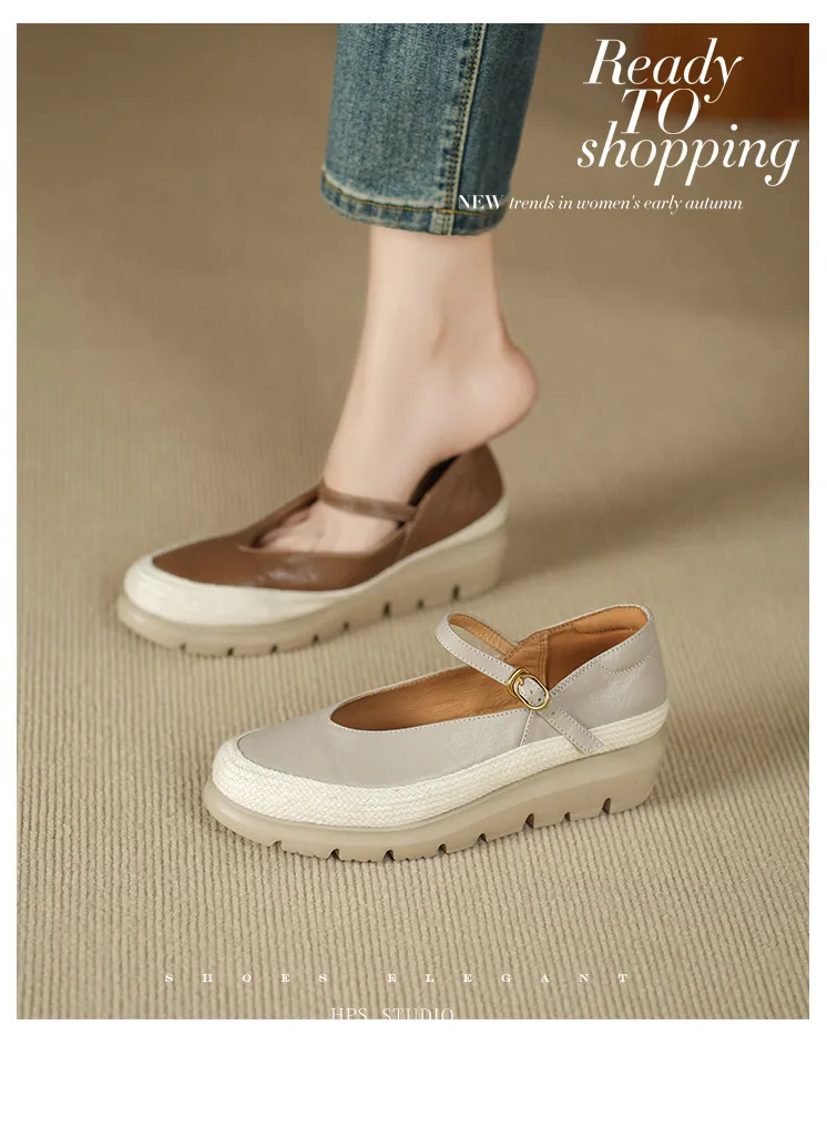 Autumn Thick-Soled Low-Cut Sheepskin Buckle Comfortable Color-Blocked Women's Shoes