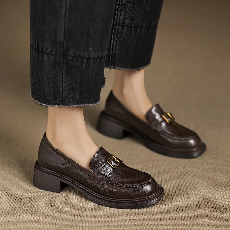 Autumn round-toe chunky heel platform loafers, comfortable sheepskin loafers, women's, black and brown, size 4041