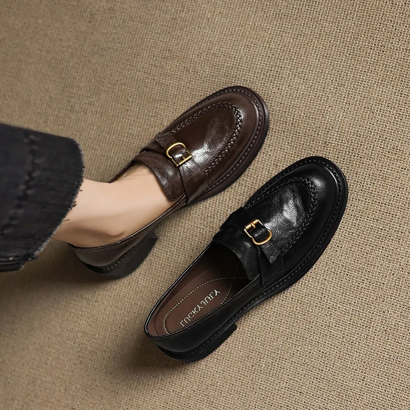 Autumn round-toe chunky heel platform loafers, comfortable sheepskin loafers, women's, black and brown, size 4041