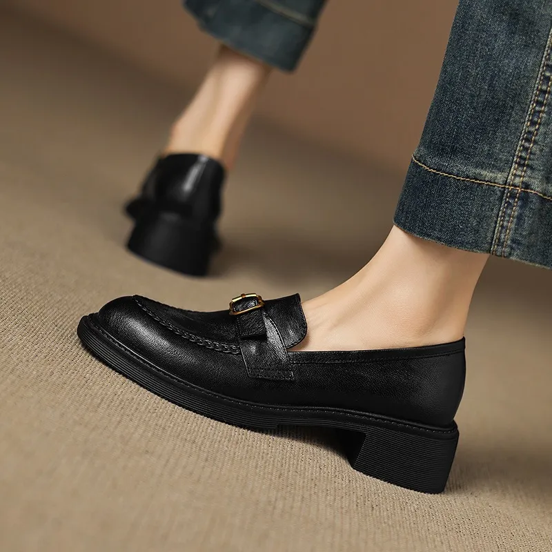 Autumn round-toe chunky heel platform loafers, comfortable sheepskin loafers, women's, black and brown, size 4041