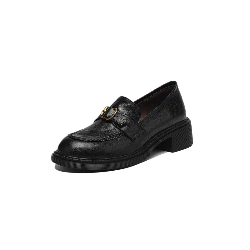 Autumn round-toe chunky heel platform loafers, comfortable sheepskin loafers, women's, black and brown, size 4041