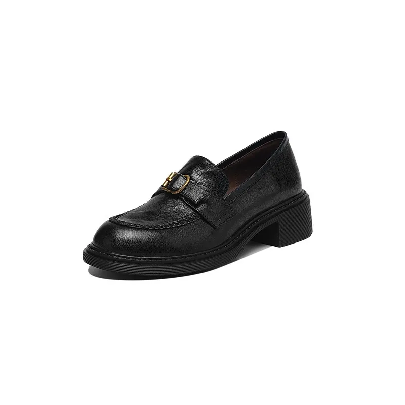 Autumn round-toe chunky heel platform loafers, comfortable sheepskin loafers, women's, black and brown, size 4041