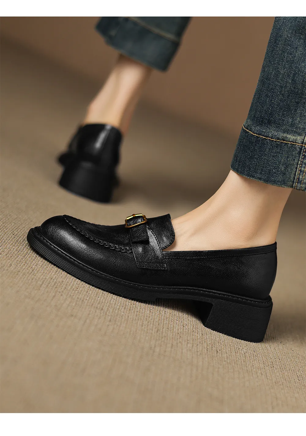 Autumn round-toe chunky heel platform loafers, comfortable sheepskin loafers, women's, black and brown, size 4041