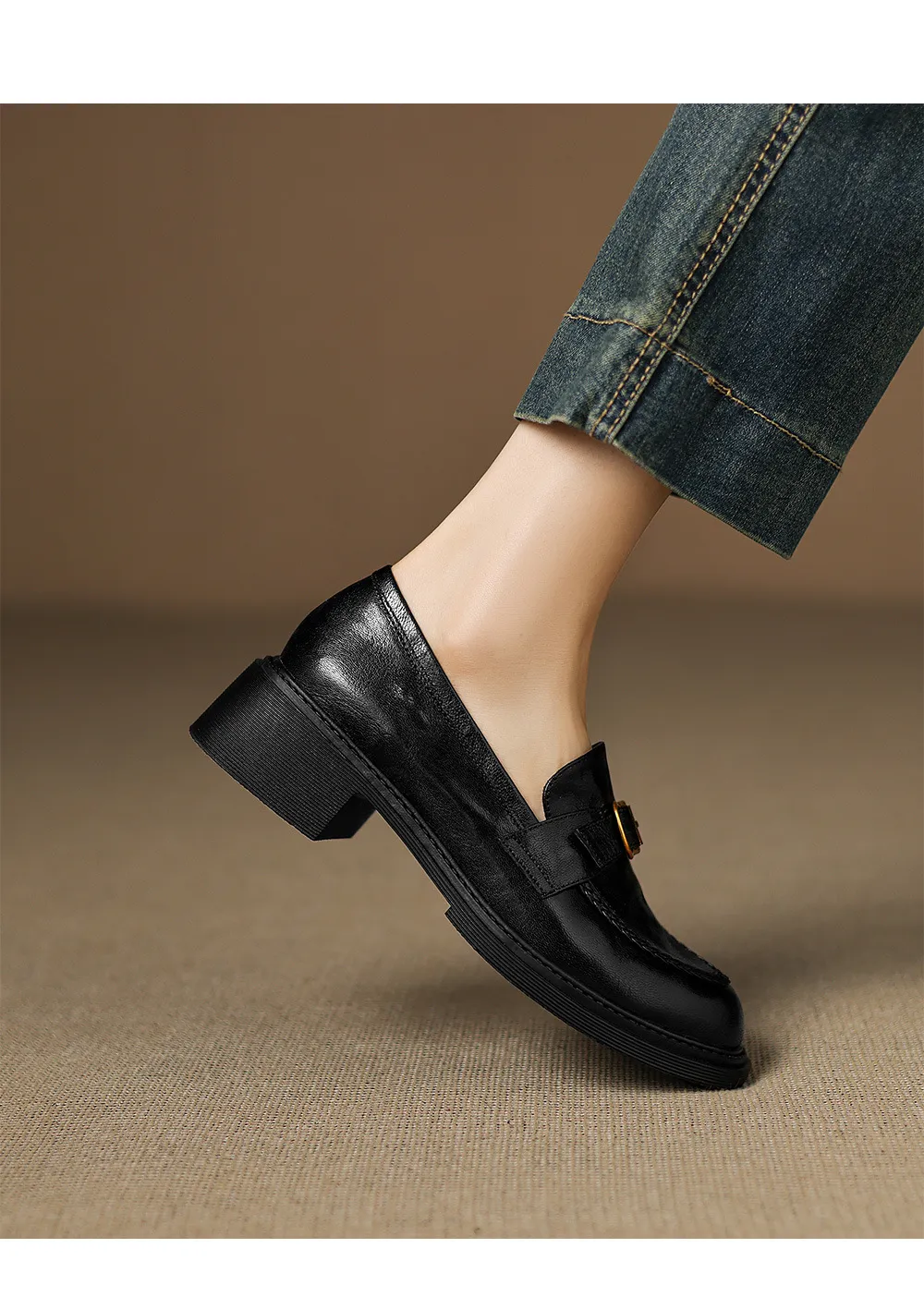 Autumn round-toe chunky heel platform loafers, comfortable sheepskin loafers, women's, black and brown, size 4041
