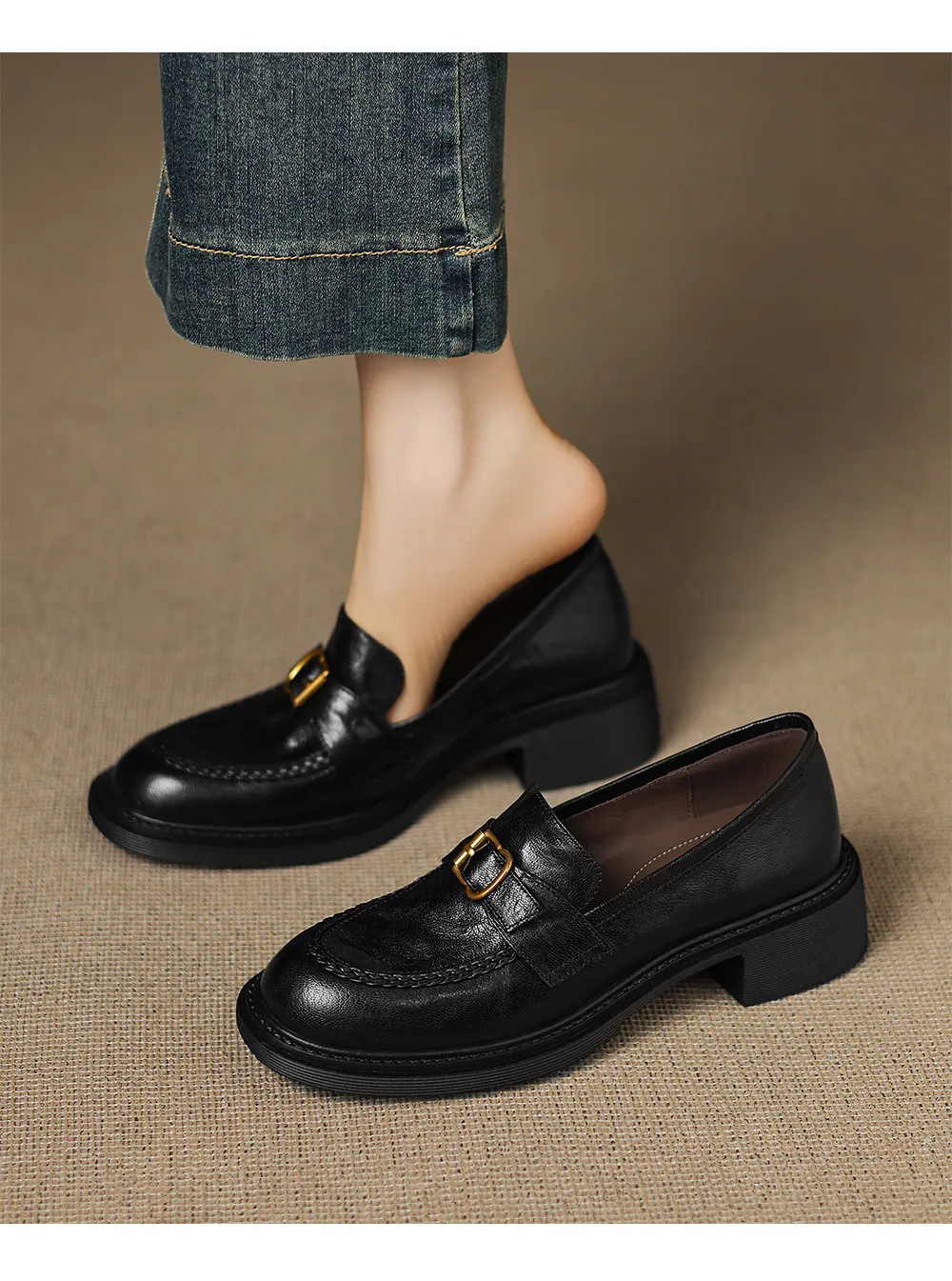 Autumn round-toe chunky heel platform loafers, comfortable sheepskin loafers, women's, black and brown, size 4041