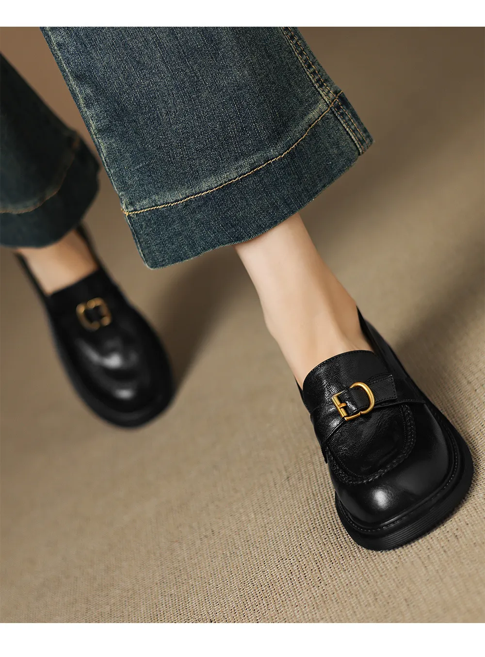 Autumn round-toe chunky heel platform loafers, comfortable sheepskin loafers, women's, black and brown, size 4041