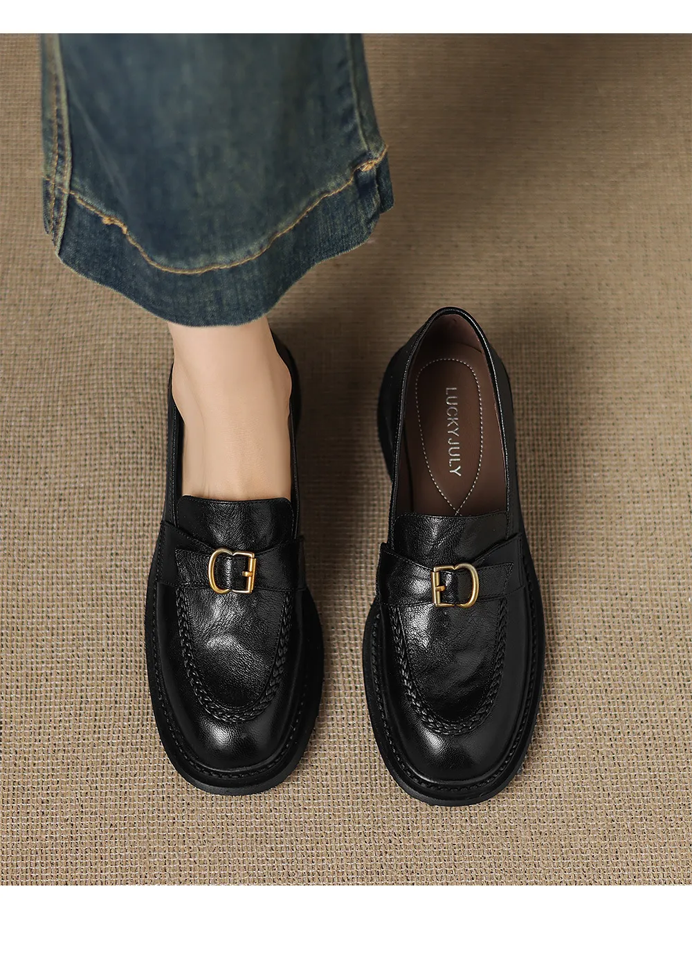 Autumn round-toe chunky heel platform loafers, comfortable sheepskin loafers, women's, black and brown, size 4041