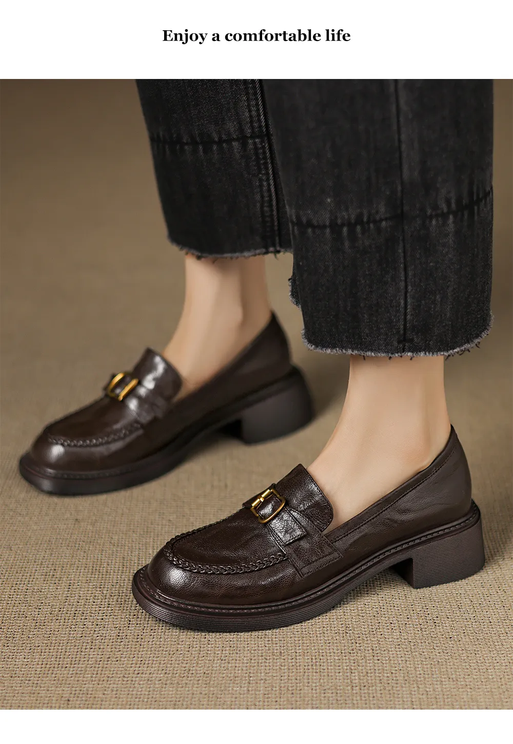 Autumn round-toe chunky heel platform loafers, comfortable sheepskin loafers, women's, black and brown, size 4041