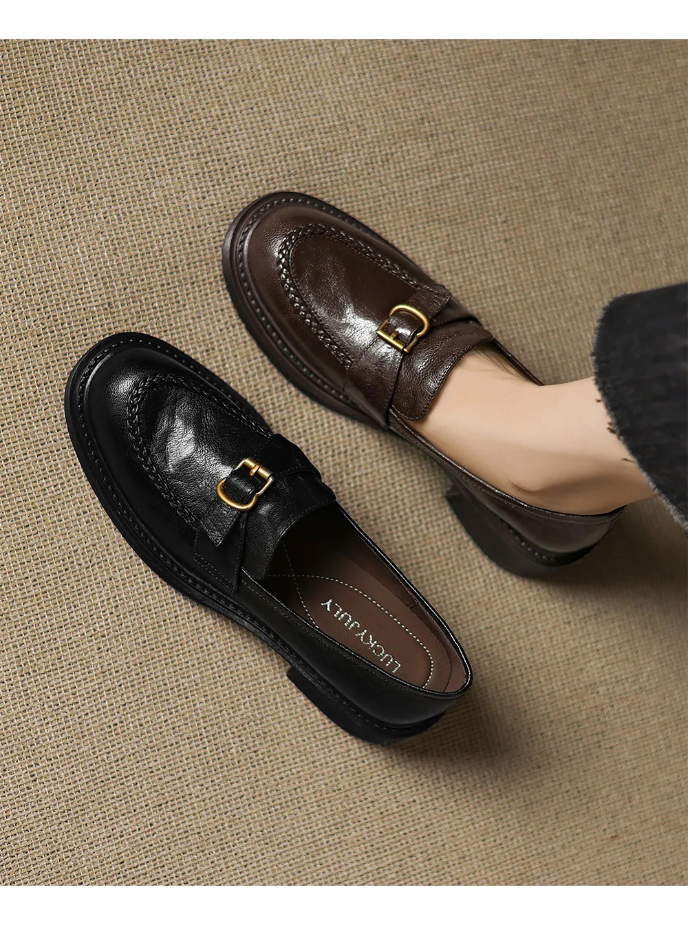 Autumn round-toe chunky heel platform loafers, comfortable sheepskin loafers, women's, black and brown, size 4041