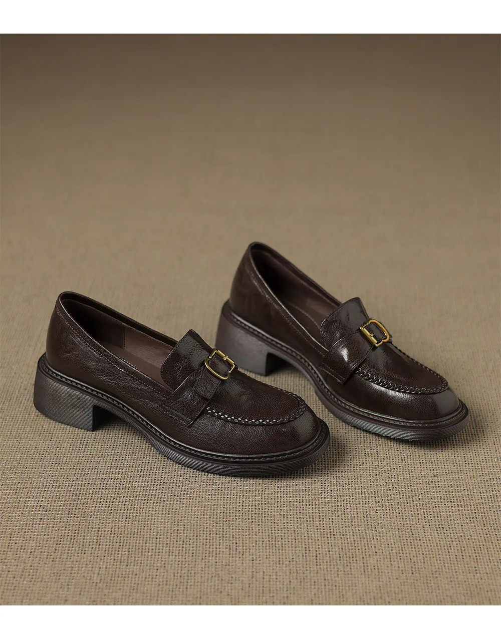 Autumn round-toe chunky heel platform loafers, comfortable sheepskin loafers, women's, black and brown, size 4041
