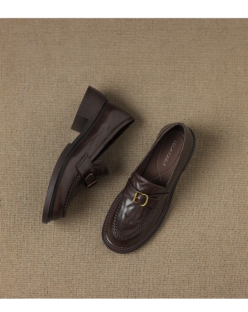 Autumn round-toe chunky heel platform loafers, comfortable sheepskin loafers, women's, black and brown, size 4041