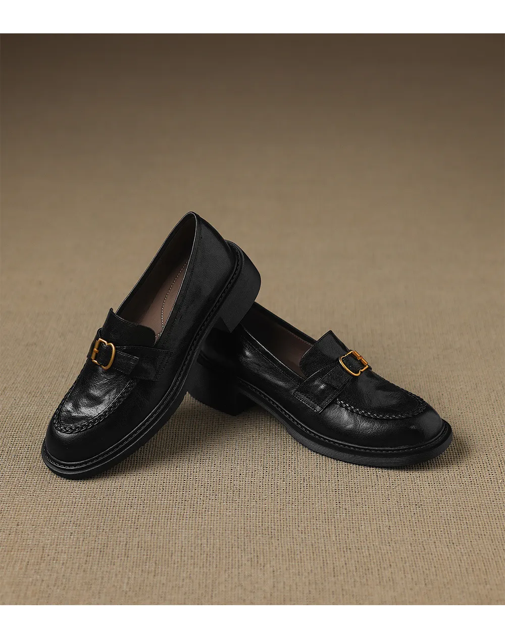 Autumn round-toe chunky heel platform loafers, comfortable sheepskin loafers, women's, black and brown, size 4041