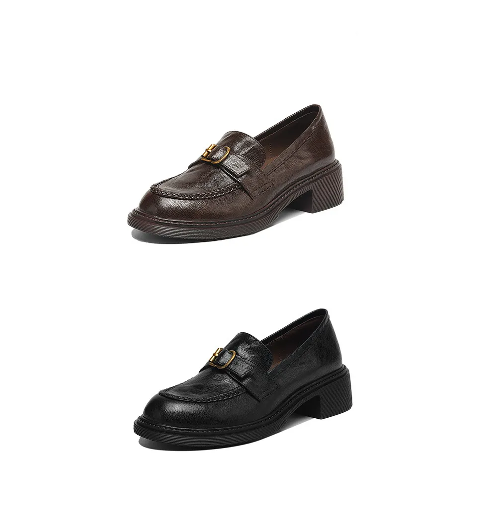 Autumn round-toe chunky heel platform loafers, comfortable sheepskin loafers, women's, black and brown, size 4041