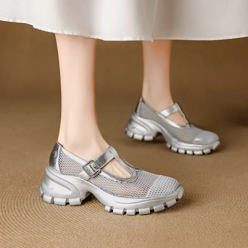 Spring/Summer low-cut, openwork mesh breathable perforated women's shoes, 6.5cm high heel, chunky heel, platform sole.