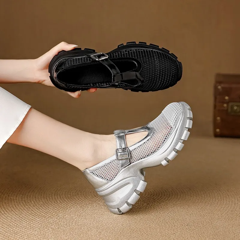 Spring/Summer low-cut, openwork mesh breathable perforated women's shoes, 6.5cm high heel, chunky heel, platform sole.