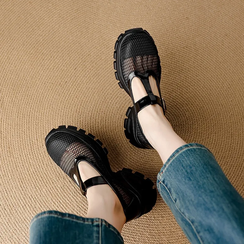 Spring/Summer low-cut, openwork mesh breathable perforated women's shoes, 6.5cm high heel, chunky heel, platform sole.