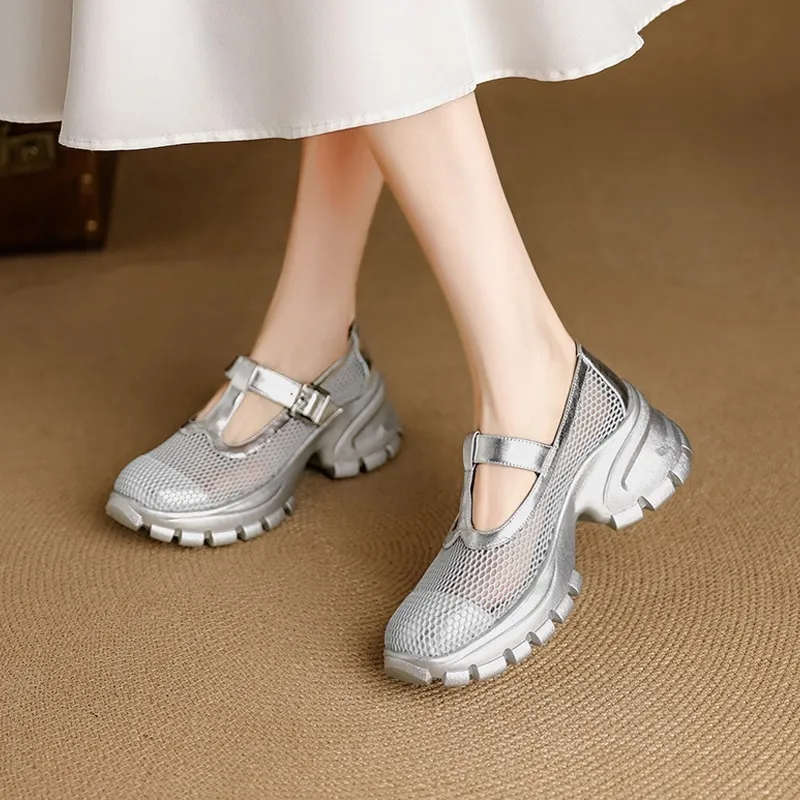 Spring/Summer low-cut, openwork mesh breathable perforated women's shoes, 6.5cm high heel, chunky heel, platform sole.