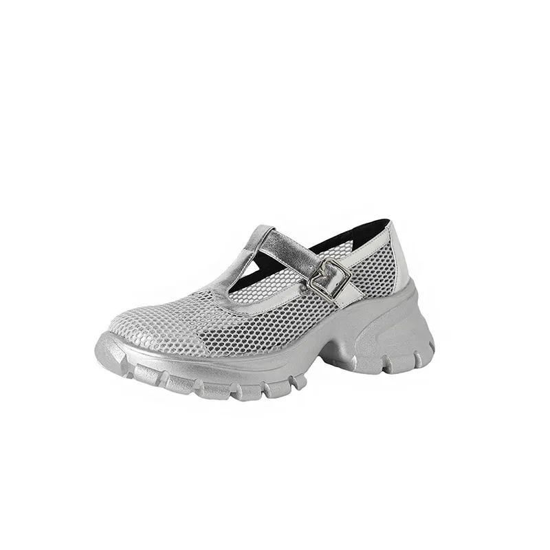 Spring/Summer low-cut, openwork mesh breathable perforated women's shoes, 6.5cm high heel, chunky heel, platform sole.