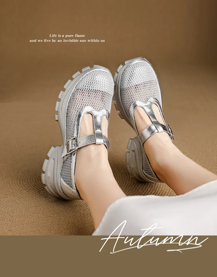 Spring/Summer low-cut, openwork mesh breathable perforated women's shoes, 6.5cm high heel, chunky heel, platform sole.
